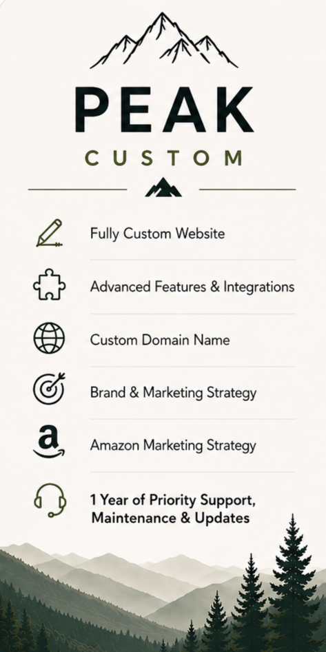 A promotional poster for Peak Custom, featuring a mountain logo at the top, a list of services including custom website, advanced features, domain, marketing, and support, set against a mountain and forest background.