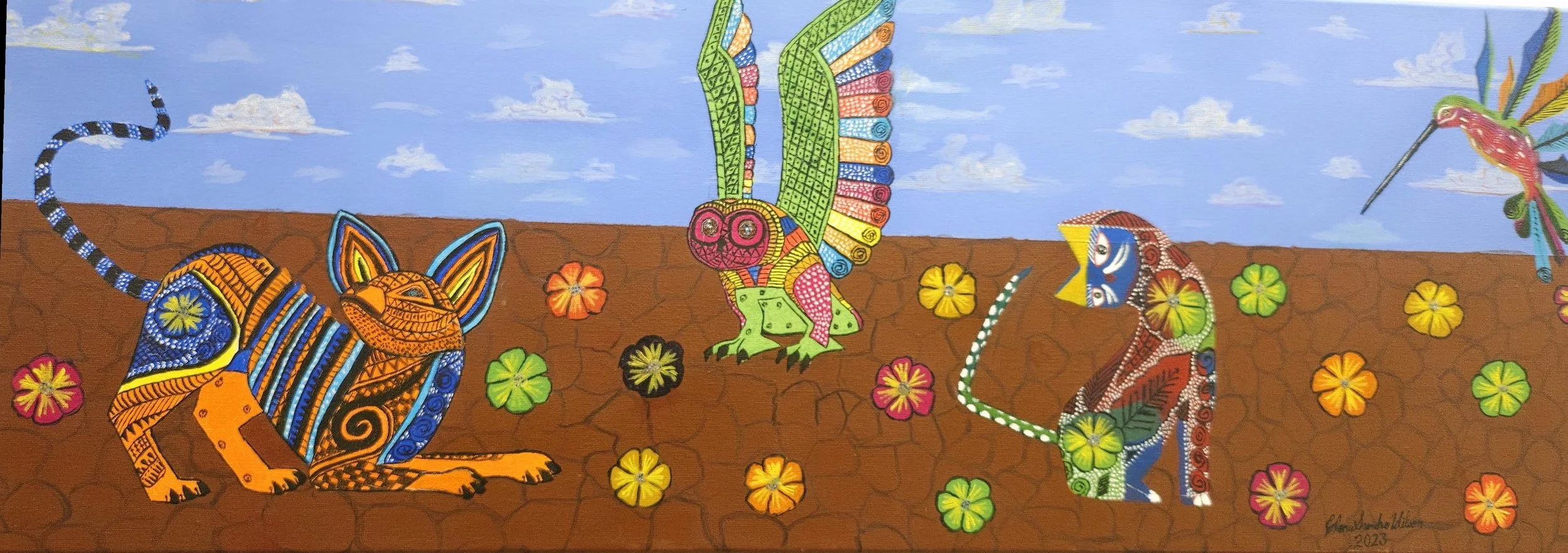 Alebrijes en campo flor  

Author: Elena Sancho  

Technique: Oil on Canvas  

Size:  90x 30 cm  

Price: $150