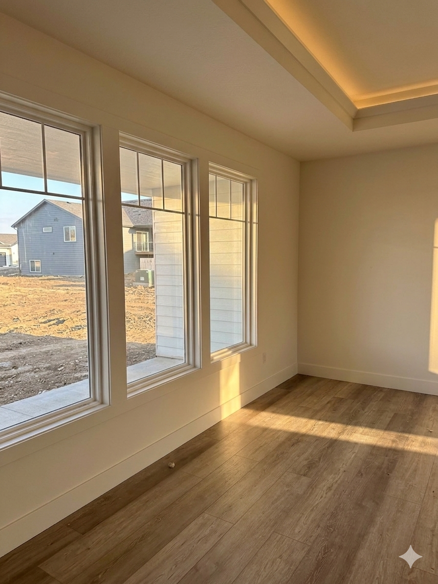Window and base trim install with crown moulding indirect lighting on ceiling