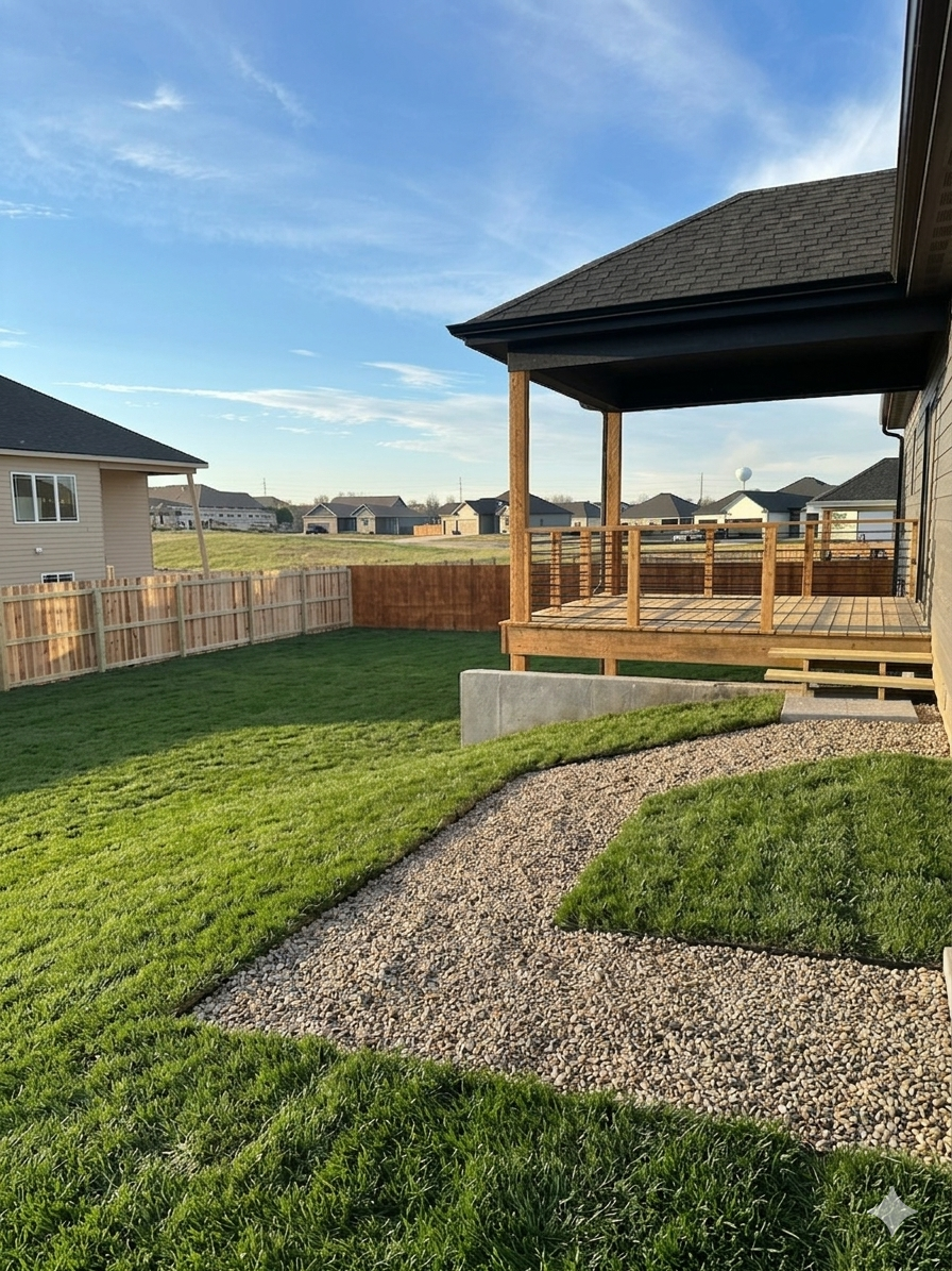 Custom deck and full fence with gravel path 