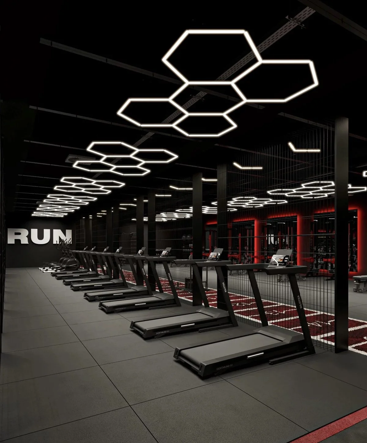 Premium cardio training area with commercial treadmills integrated into a luxury boutique gym environment.