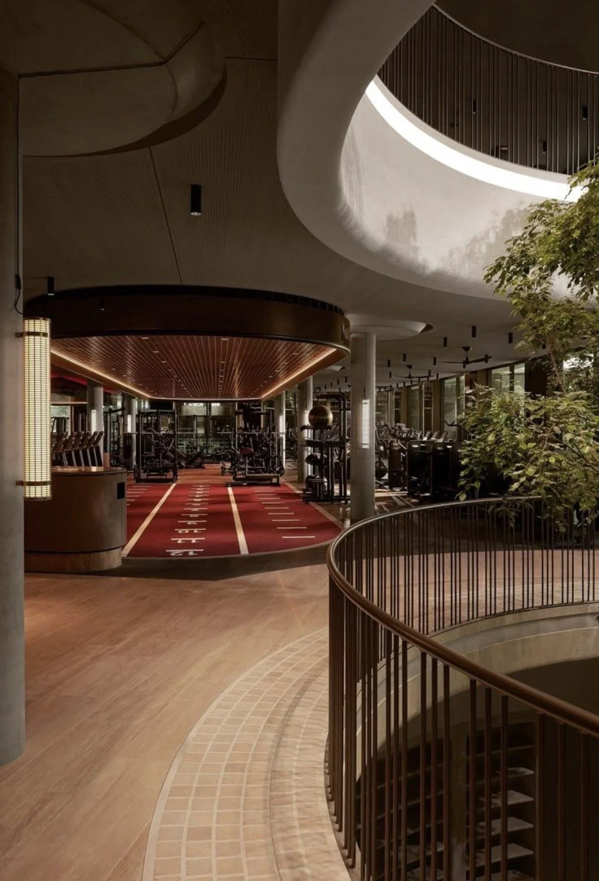 Luxury wellness and fitness facility featuring functional training zones, premium gym equipment, architectural design and integrated wellness spaces coordinated by Axovent.