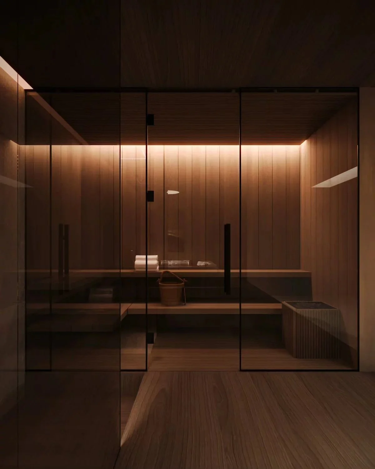 Luxury wellness space featuring a premium sauna and recovery environment designed for hospitality, residential and commercial projects.