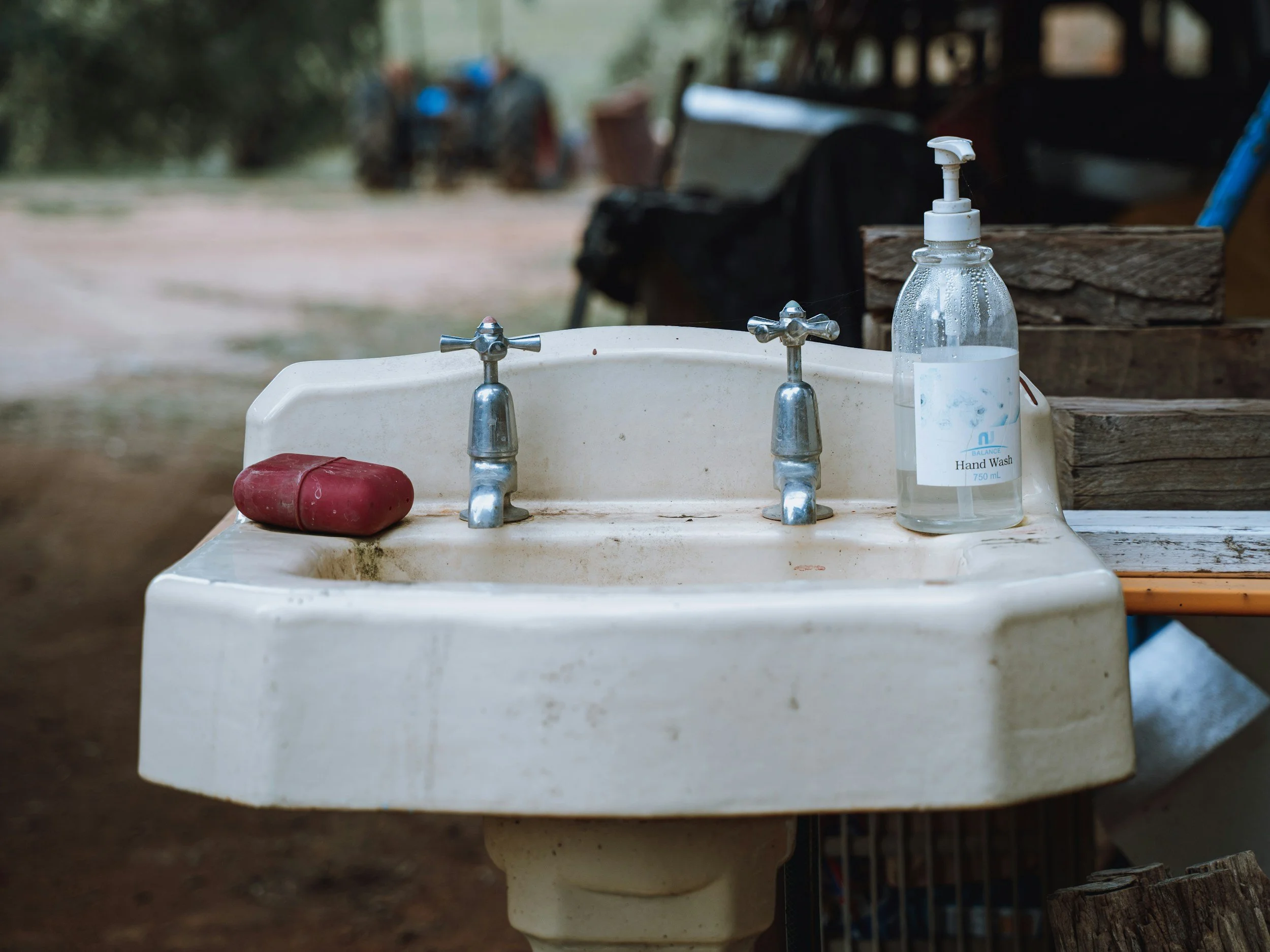 A white utility sink with two faucets, a bottle of hand soap, and a red sponge, set outdoors with a blurred background of trees and a shed.
