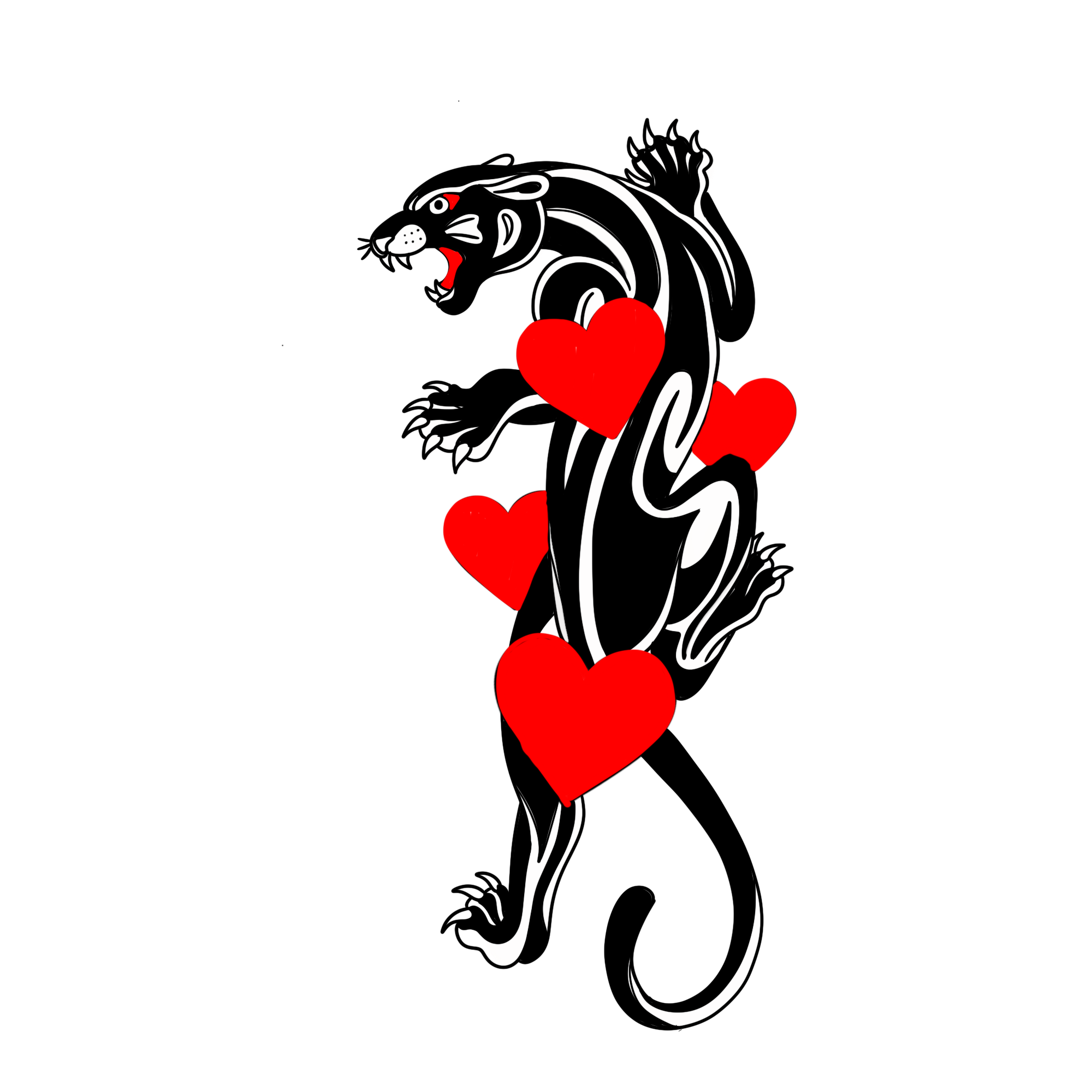 A stylized graphic of a fierce black panther with sharp teeth, red eyes, and white outlines, surrounded by red hearts.