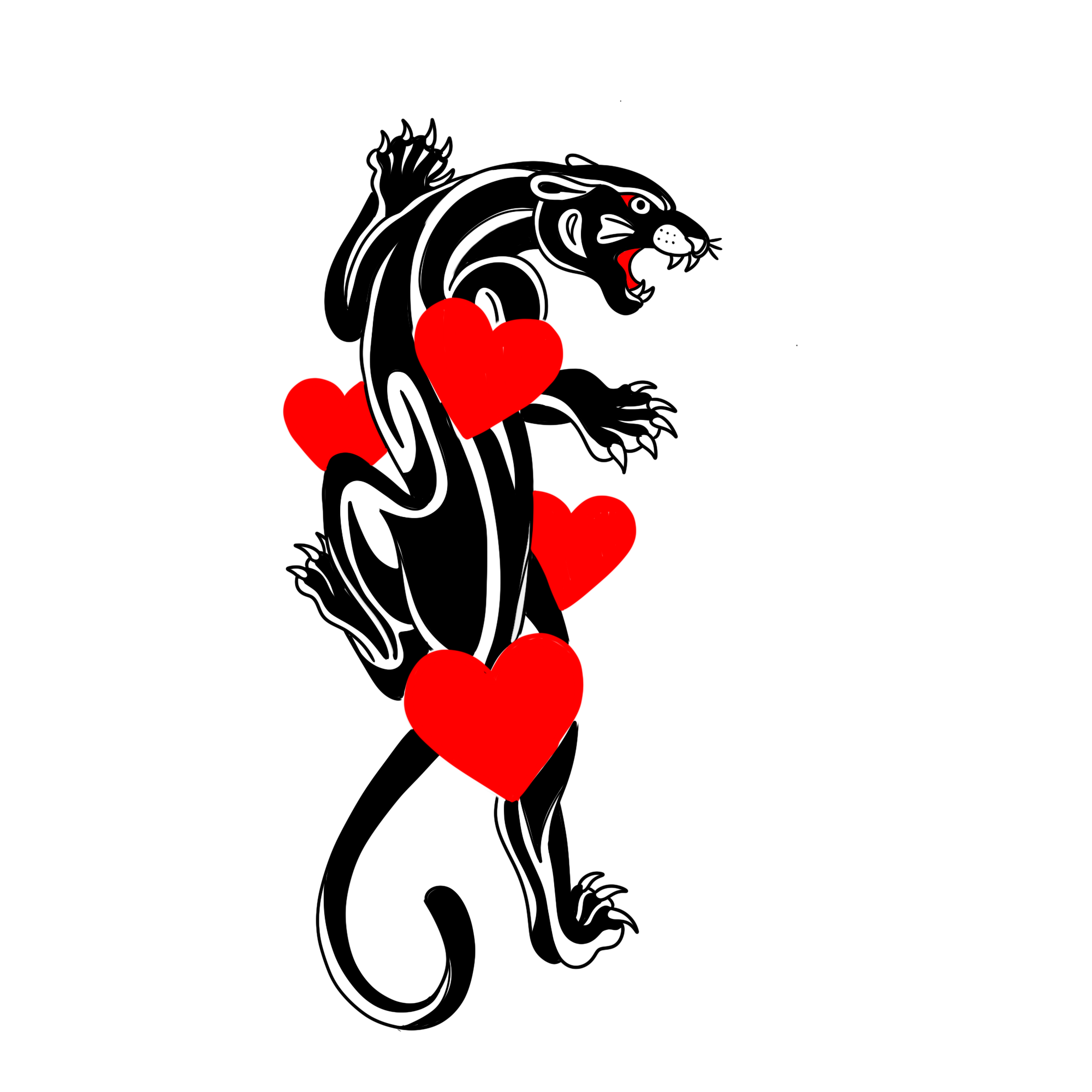 red hearts surrounding an American traditional panther tattoo