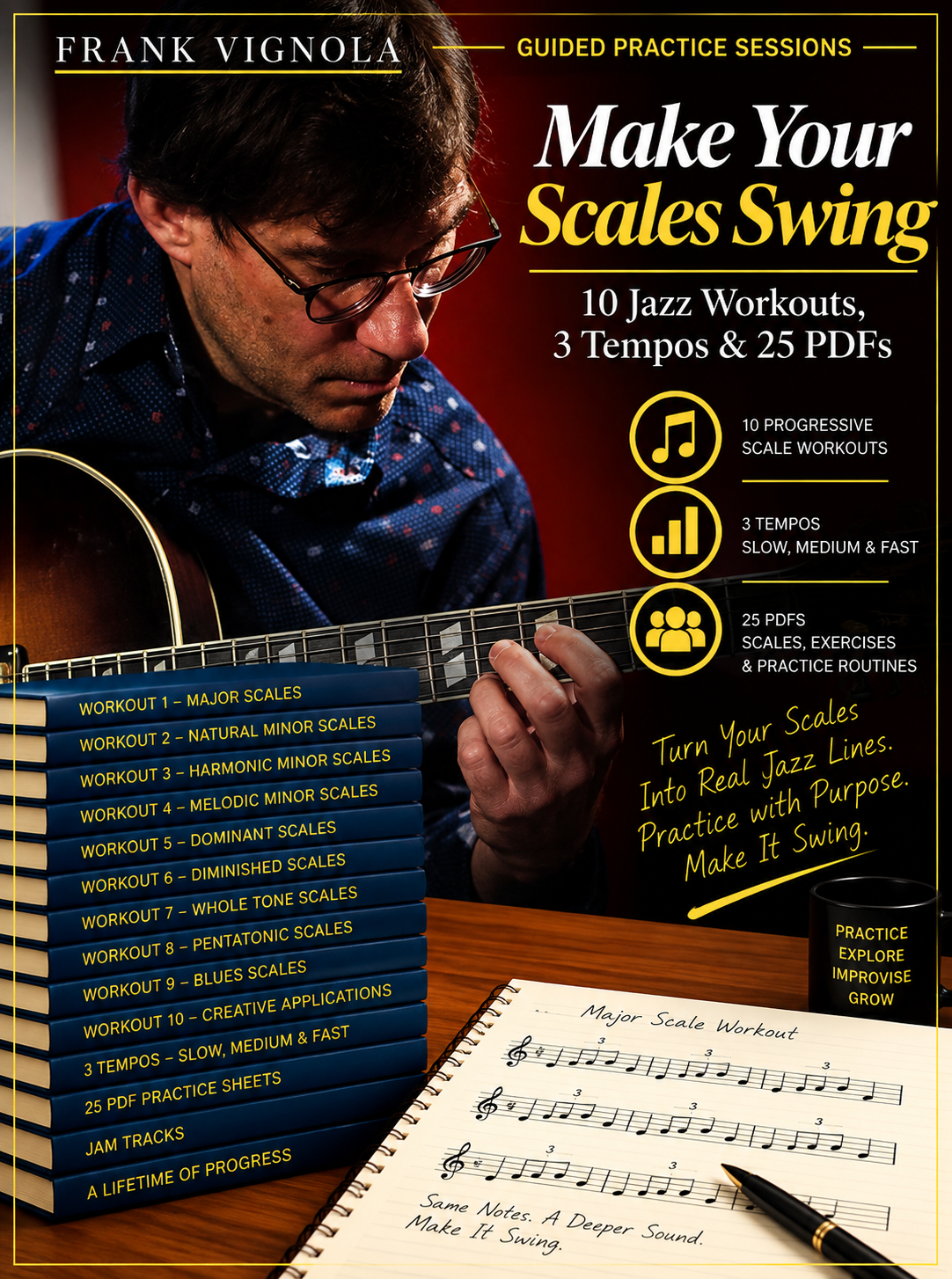 Guided Practice Sessions: Make Your Scales Swing | 10 Jazz Workouts, 3 Tempos & 25 PDFs