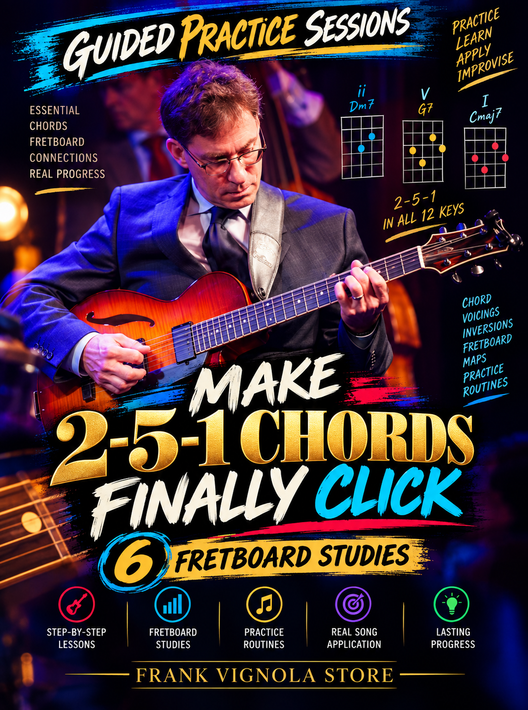 Guided Practice Sessions: Make 2-5-1 Chords Finally Click | 6 Fretboard Studies in All 12 Keys
