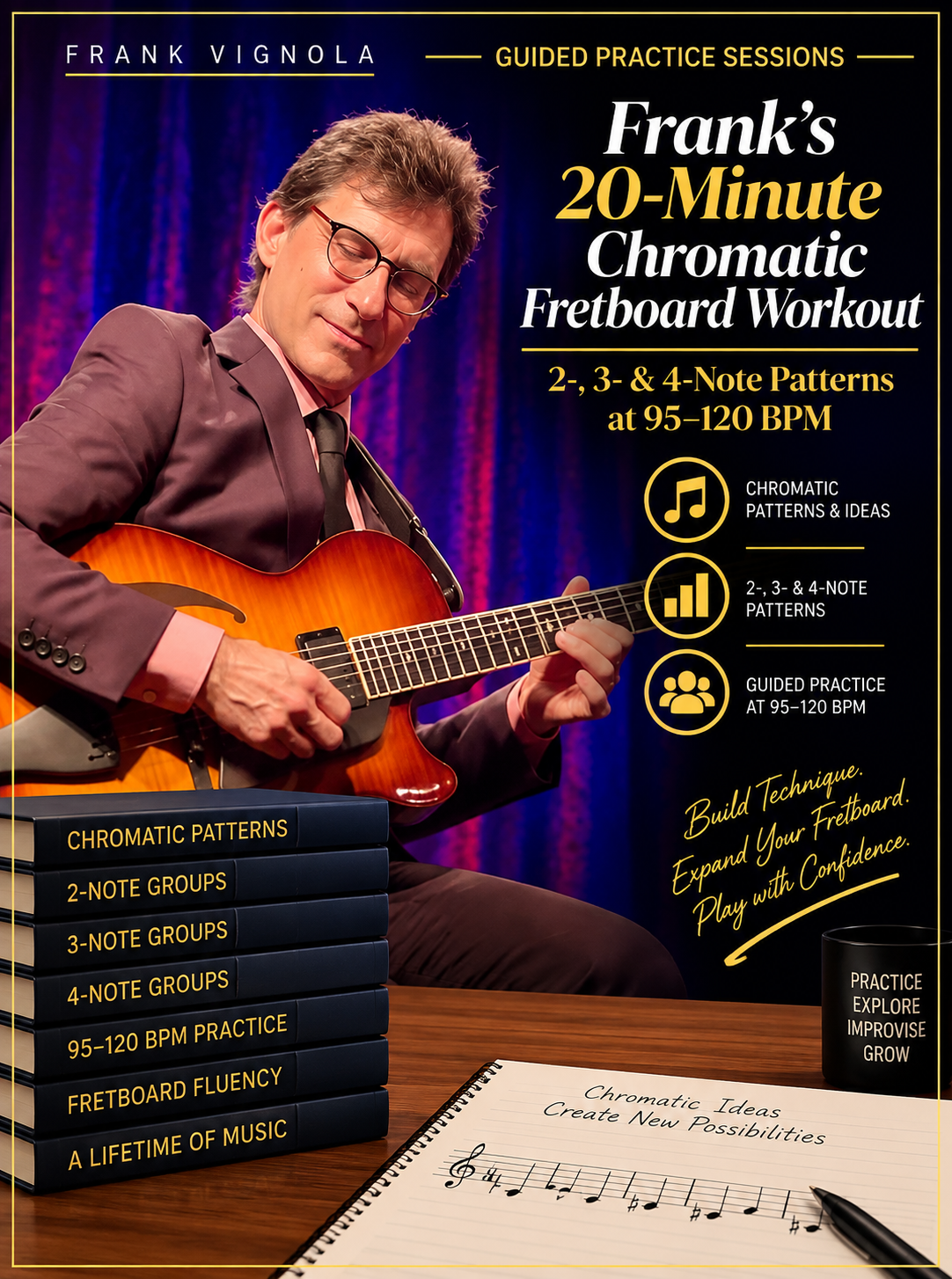 Guided Practice Sessions: Frank’s 20-Minute Chromatic Fretboard Workout | 2-, 3- & 4-Note Patterns at 95–120 BPM