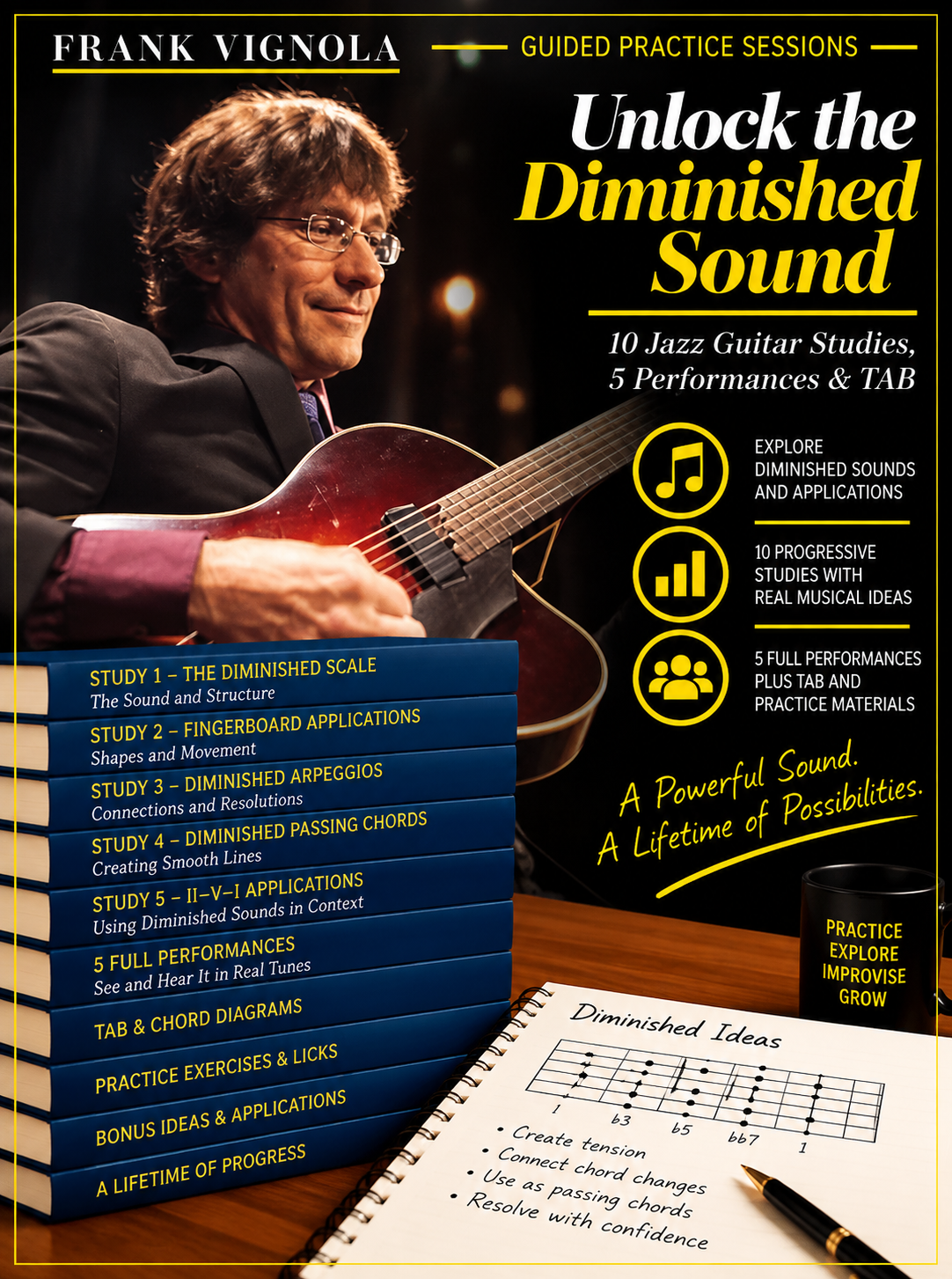 Guided Practice Sessions: Unlock the Diminished Sound | 10 Jazz Guitar Studies, 5 Performances & TAB