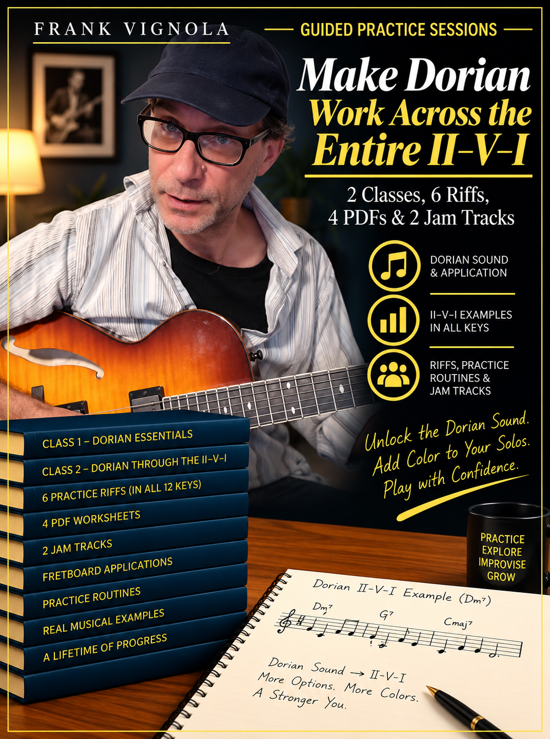 Guided Practice Sessions: Make Dorian Work Across the Entire II–V–I | 2 Classes, 6 Riffs, 4 PDFs & 2 Jam Tracks