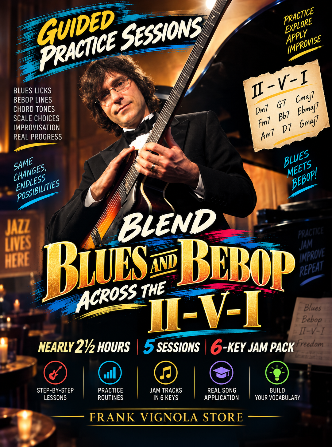 Guided Practice Sessions: Blend Blues & Bebop Across the II–V–I | 5 Sessions, 6-Key Jam Pack & 2½ Hours