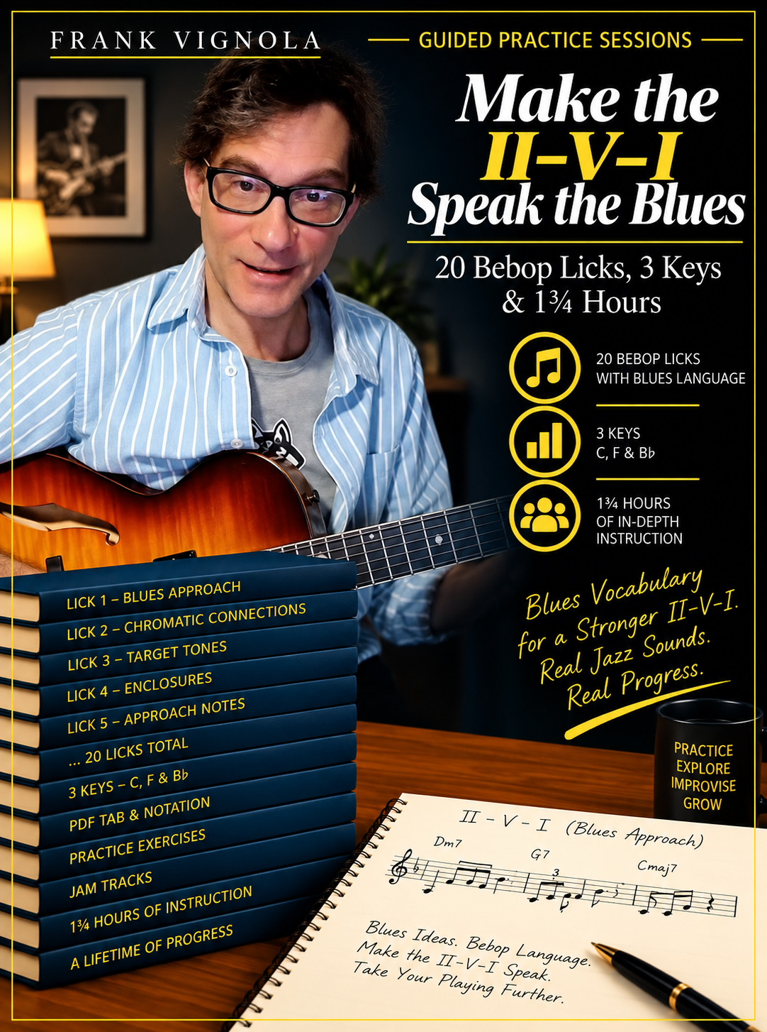 Guided Practice Sessions: Make the II–V–I Speak the Blues | 20 Bebop Licks, 3 Keys & 1¾ Hours