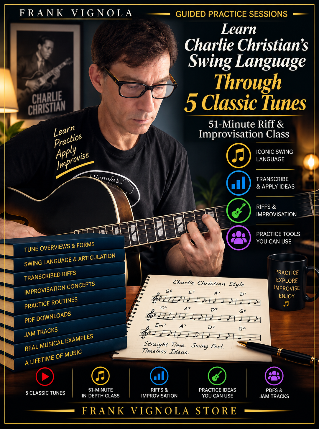 Guided Practice Sessions: Learn Charlie Christian's Swing Language | 5 Classic Tunes & 51-Minute Riff and Improvisation Class
