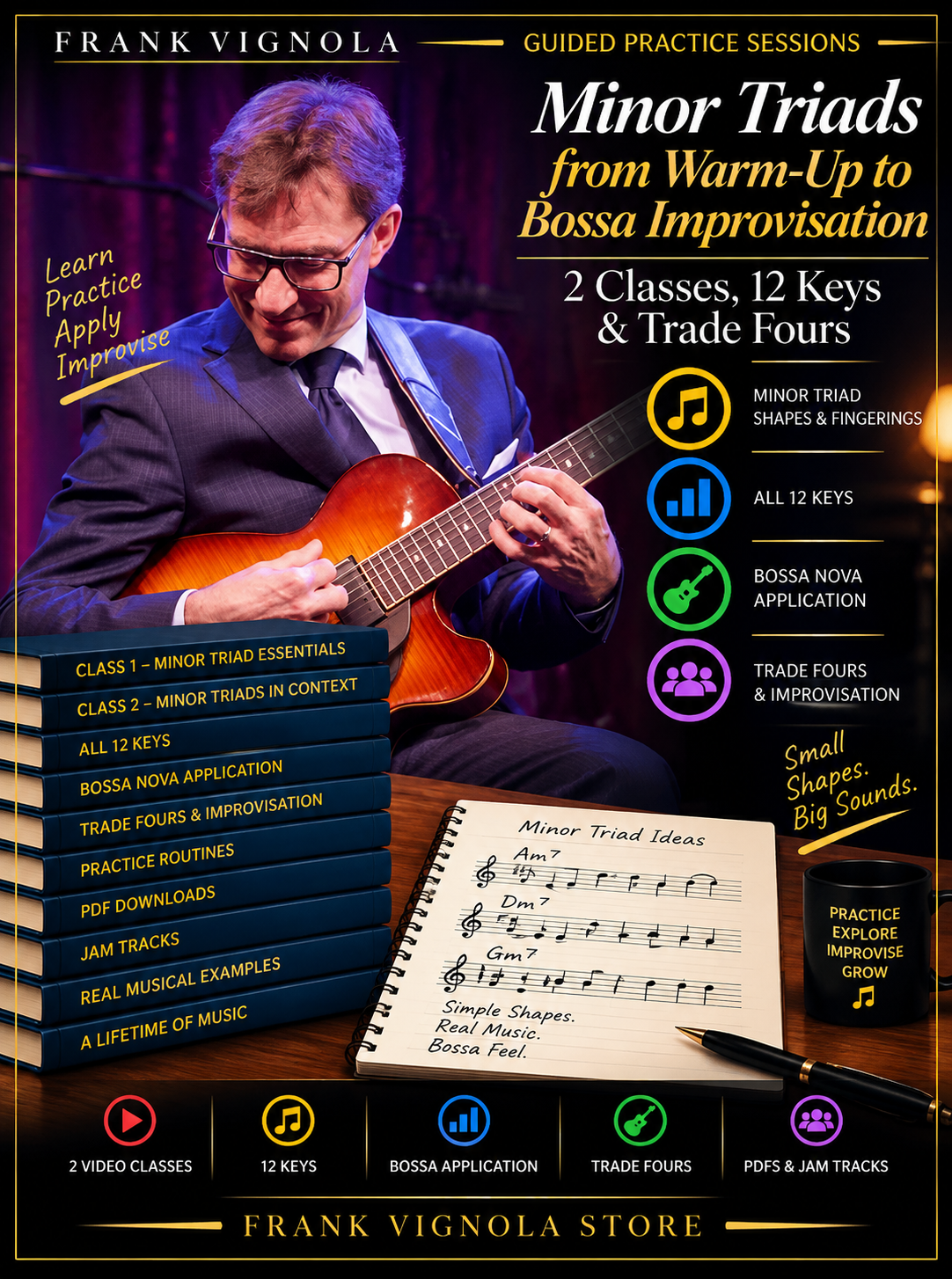 Guided Practice Sessions: Minor Triads — From Warm-Up to Bossa Improvisation | 2 Classes, 12 Keys & Trade Fours