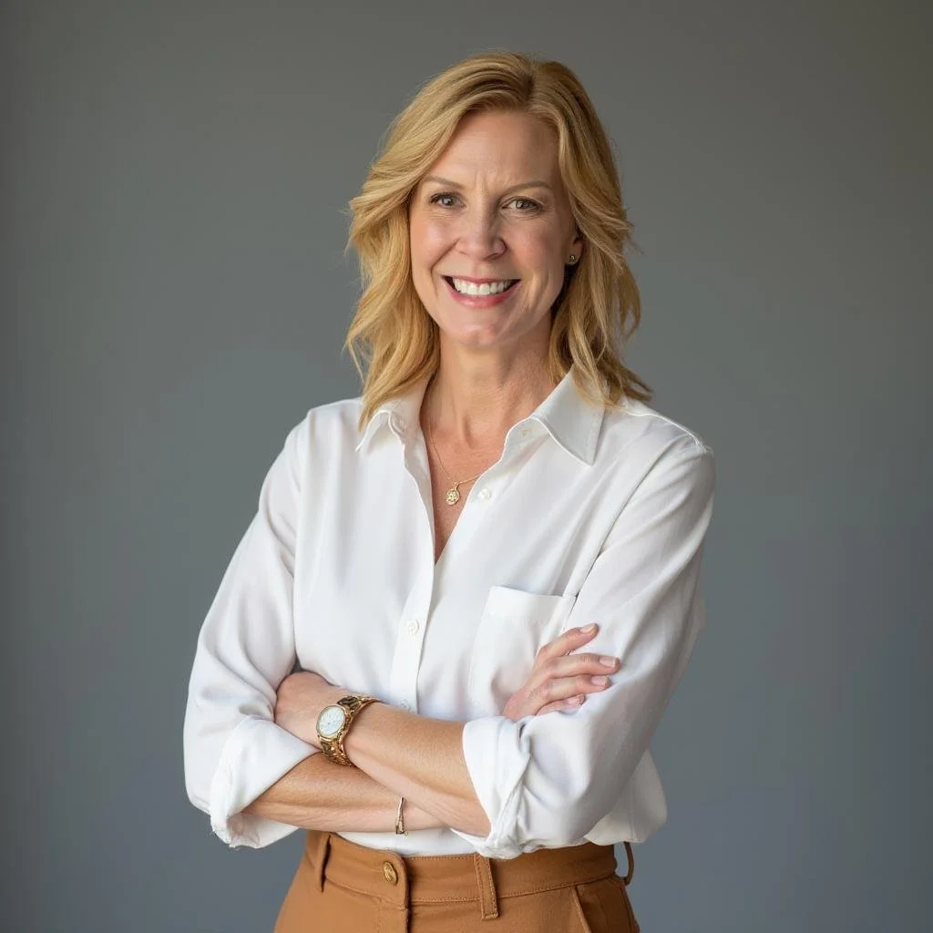 A confident woman with blonde hair wearing a white blouse and brown pants, standing with arms crossed against a neutral gray background.