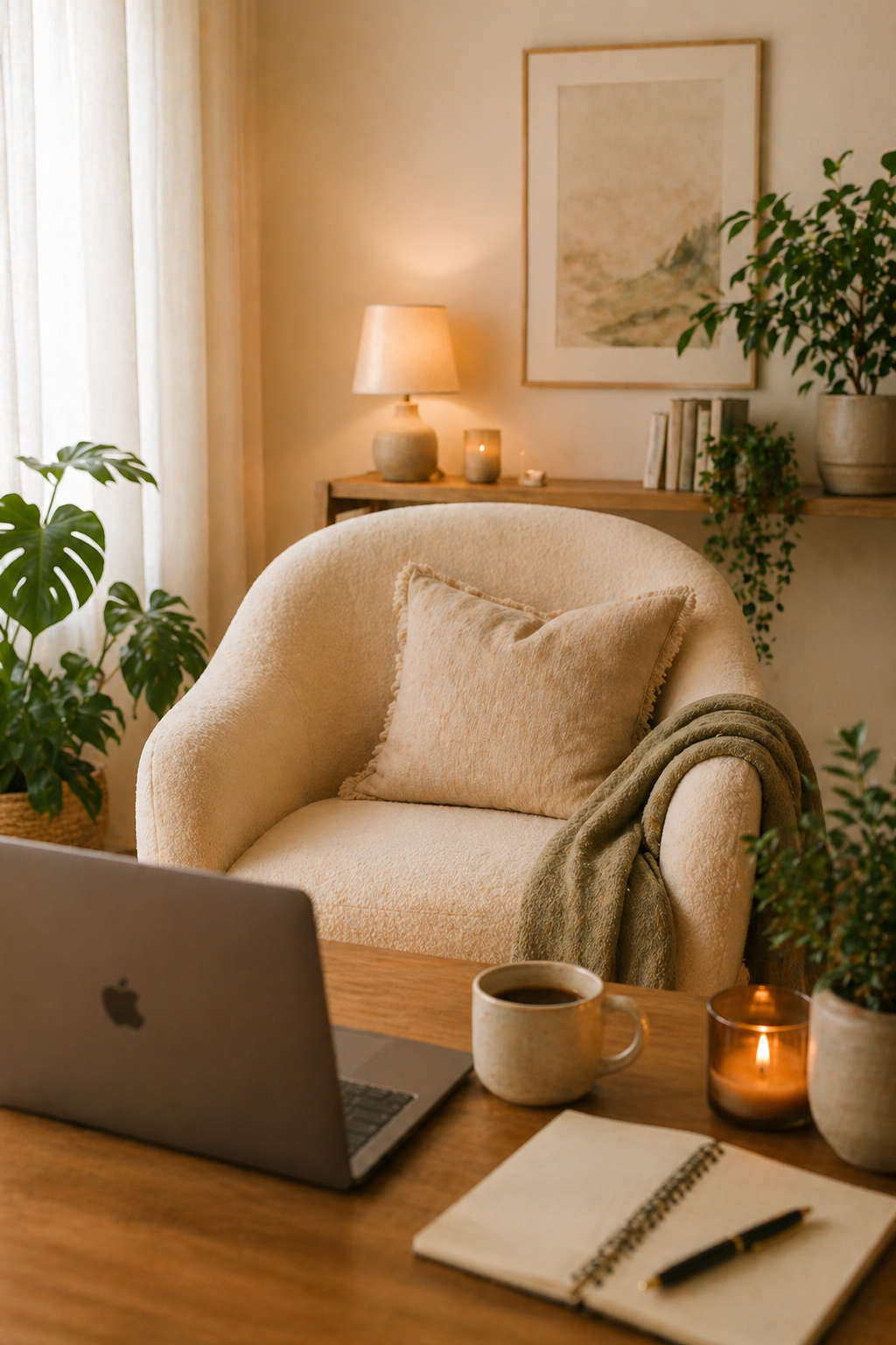 Cozy living room with a cream armchair, plush pillow, throw blanket, wooden desk with an open laptop, coffee mug, notebook, pen, a candle, and houseplants. Warm ambient lighting.