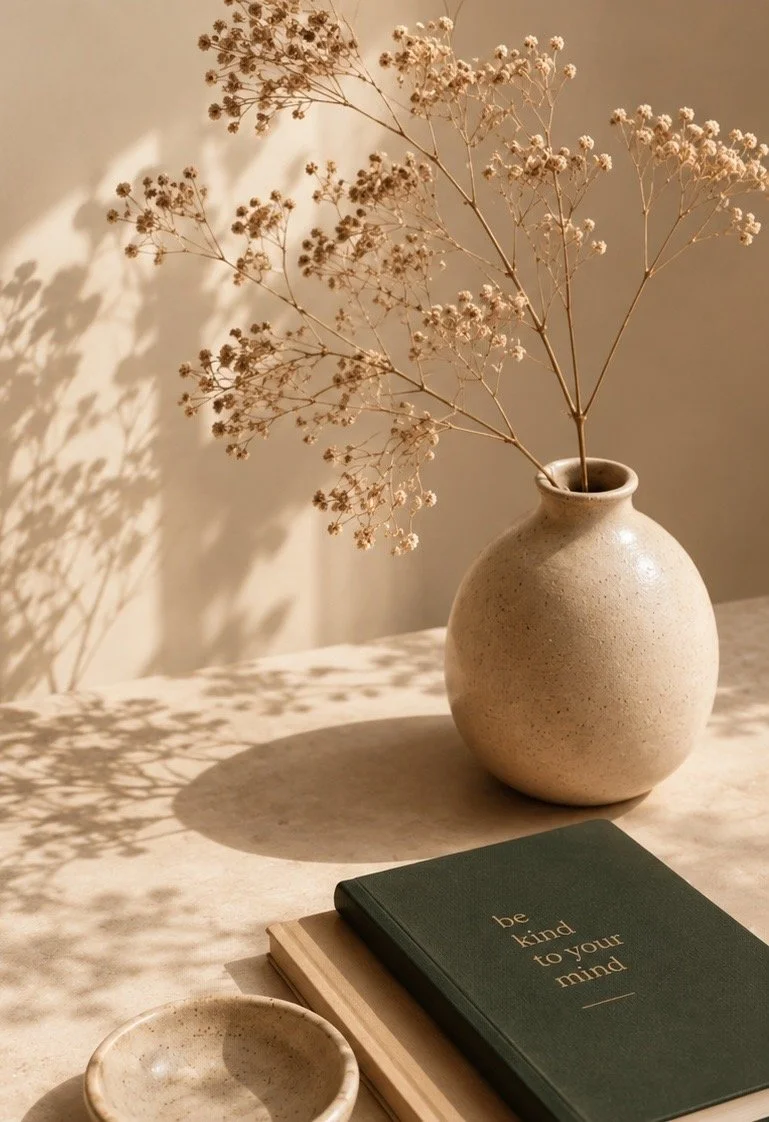 A beige vase with dried baby's breath flowers on a table, casting floral shadows on the wall. In front are two books, one with a dark green cover reading "be kind to your mind" and a smaller beige book. A small beige ceramic bowl is also on the table.