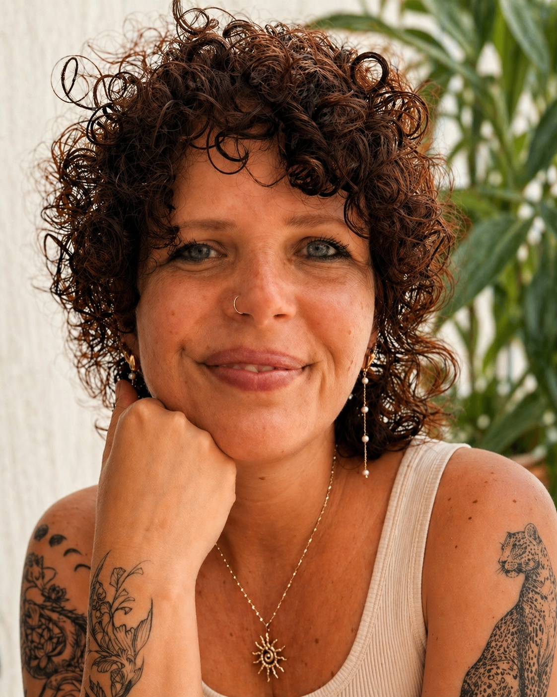 A woman with curly brown hair, blue eyes, and tattoos on her arms, wearing jewelry including earrings, a nose ring, and a necklace with a sun pendant, smiling with her chin resting on her hand, positioned near green plants.