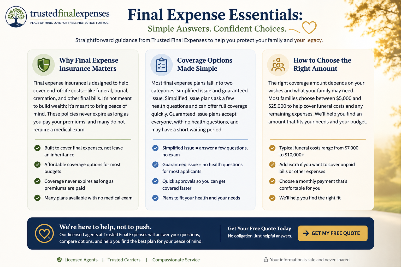 Final Expense Insurance Essentials guide explaining why final expense insurance matters, coverage options, and how to choose the right amount of coverage.