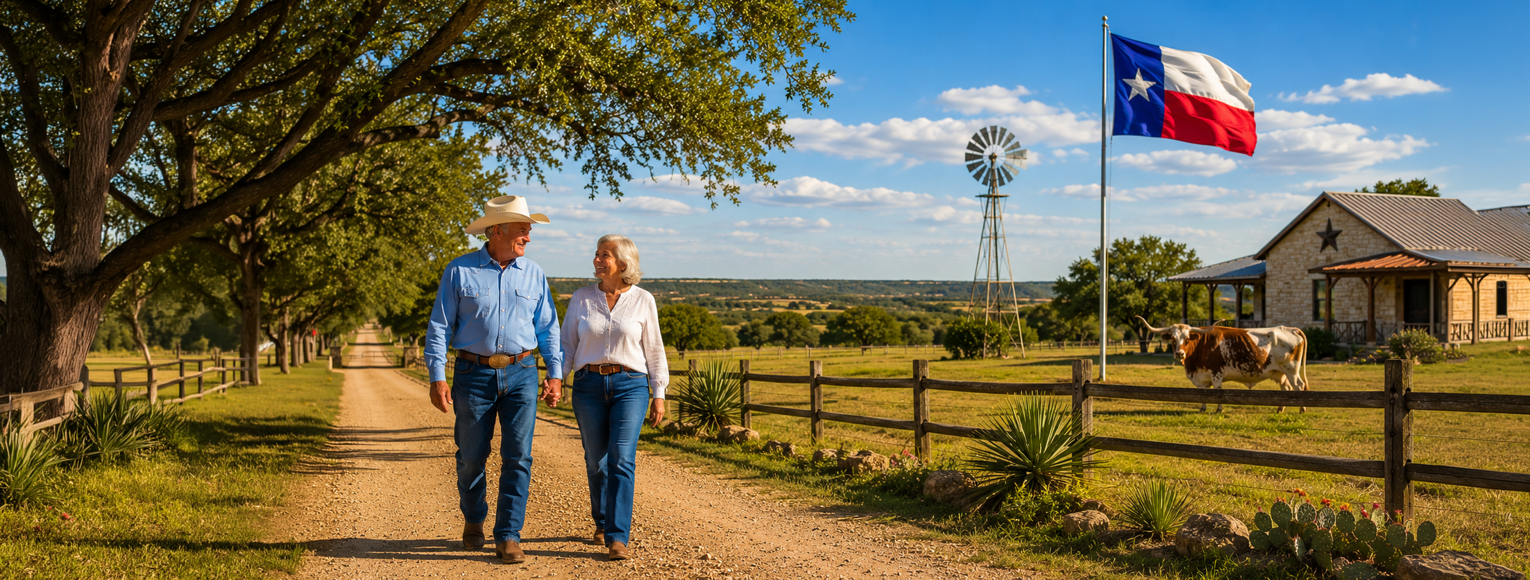 Happy senior couple walking hand in hand on a sunny Texas ranch with the Texas flag, windmill, and longhorn cattle in the background.