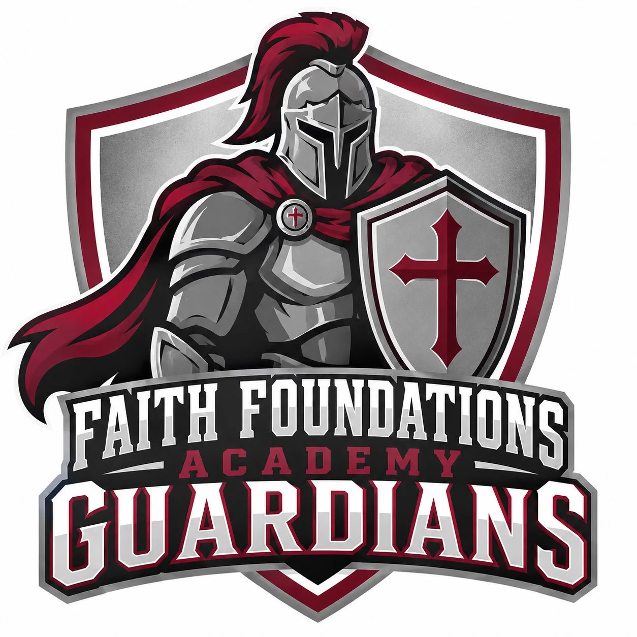 Logo with a knight in armor wearing a helmet and a red cape, holding a shield with a red cross. Below, text reads 'Faith Foundations Academy Guardians' in bold letters.