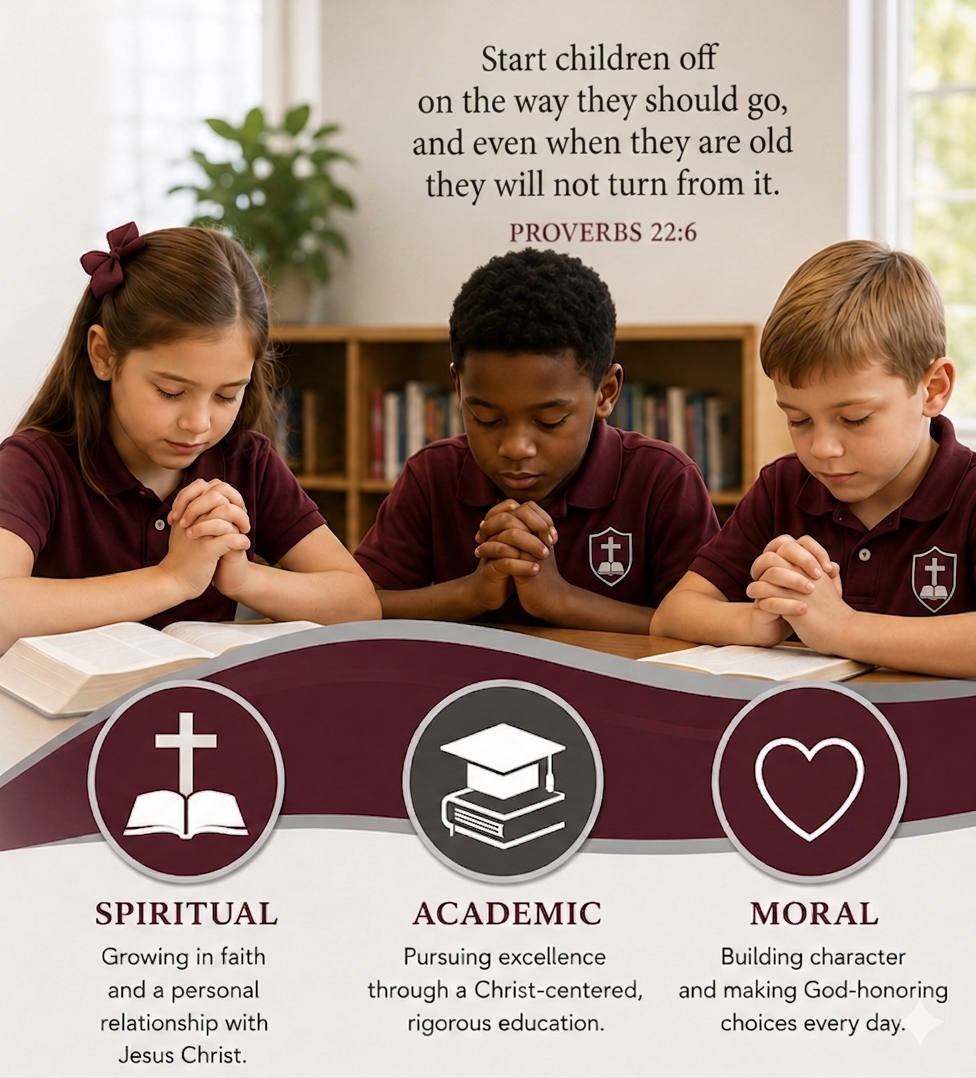 Three children in school uniforms praying on a table with books in front of them. A sign on the wall behind displays a Bible verse, Proverbs 22:6. The lower part of the image features three icons labeled Spiritual, Academic, and Moral, with descriptions emphasizing faith, education, and character building.