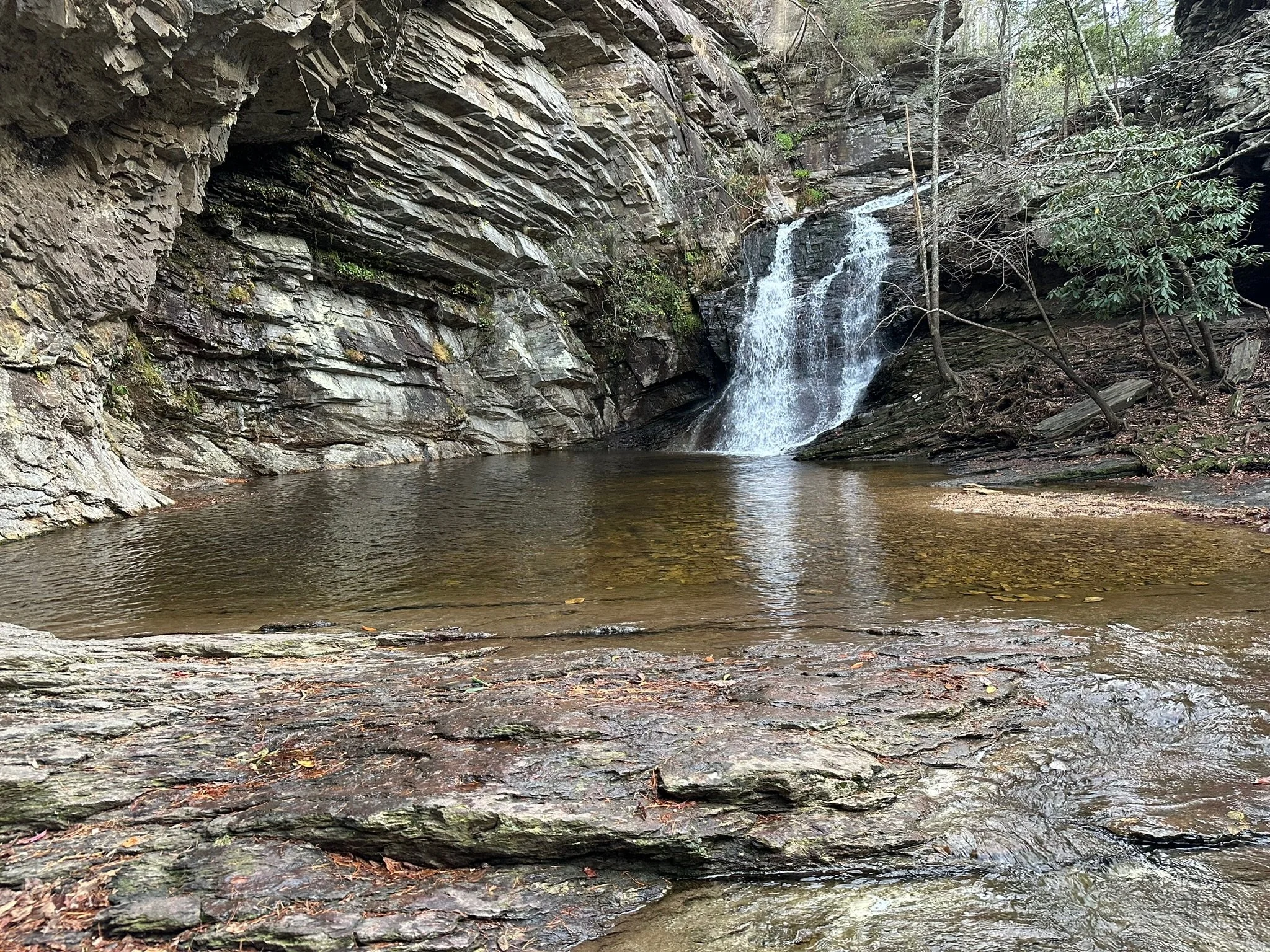 A small waterfall flowing down a rocky cliff into a pool of water surrounded by trees and rocks.