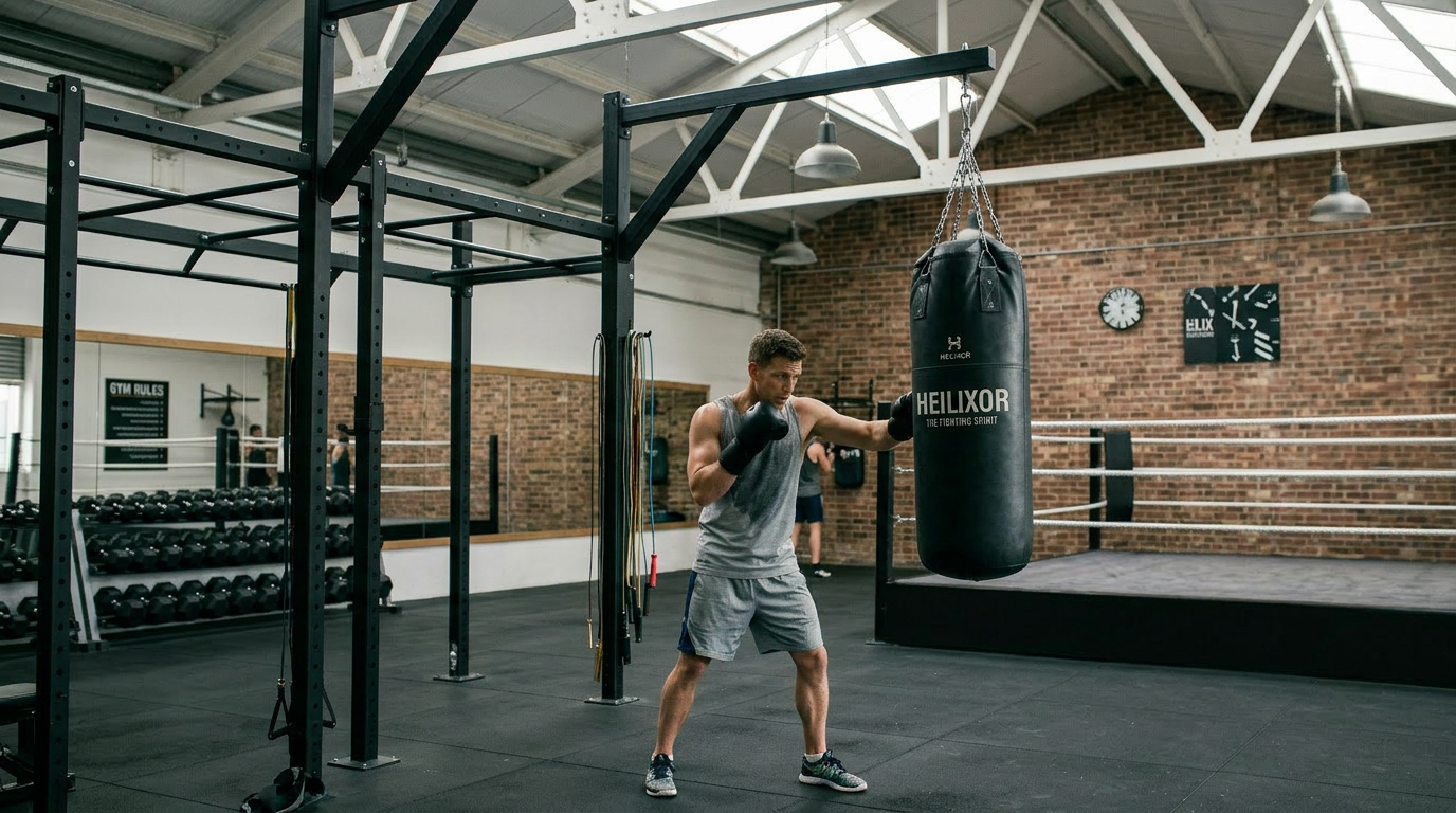 A man practicing boxing in a gym, punching a hanging heavy bag labeled 'Helixor'.