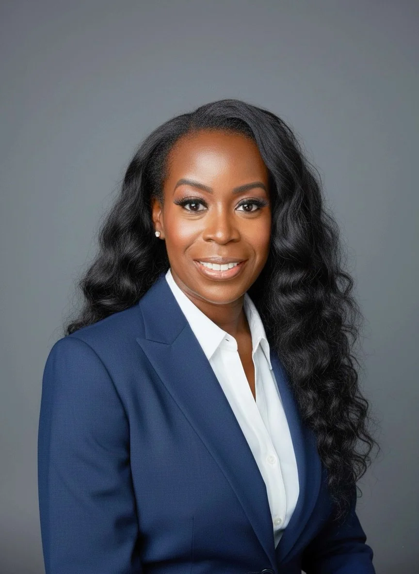A professional woman in a navy blue blazer and white shirt posing against a gray background.