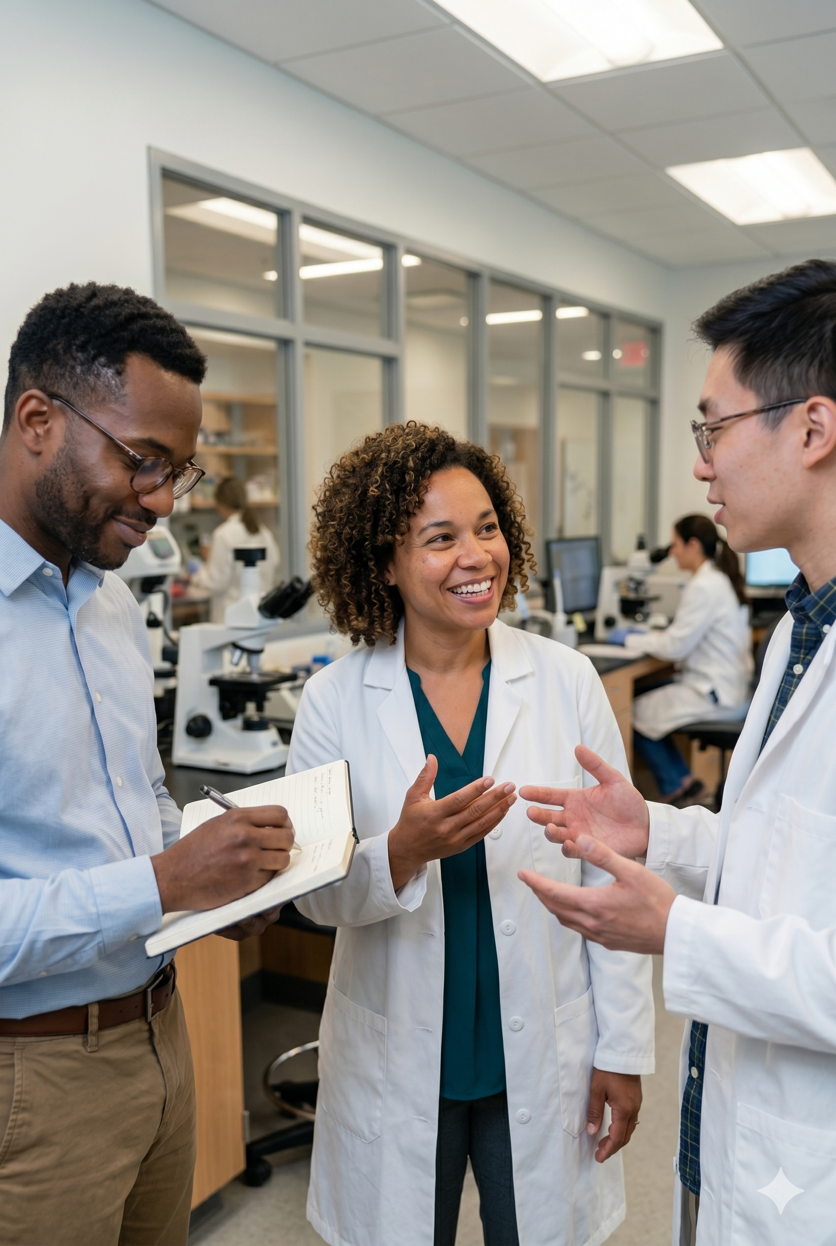 Three scientists, two men and one woman, engaged in discussion in a laboratory. The woman, dressed in a white lab coat, is smiling and gesturing as she talks to one of the men, who is wearing glasses and also in a lab coat. The other man, also with glasses, is taking notes in a notebook. Laboratory equipment and other scientists can be seen working in the background.