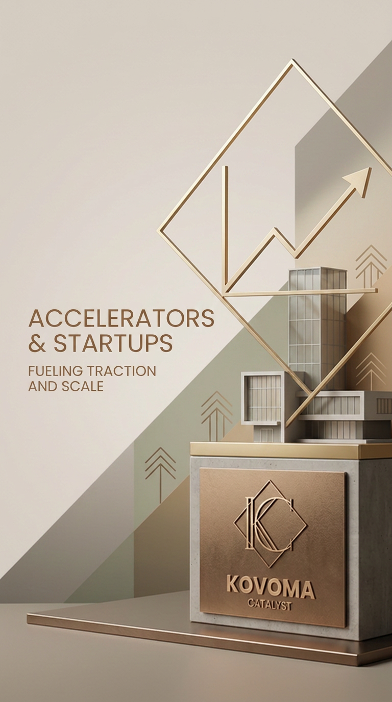 A promotional poster for a business event titled 'Accelerators & Startups: Fueling Traction and Scale.' The poster features a modern design with geometric shapes, a small building, and an upward arrow symbol, along with the KOVOMA CATALYST logo.