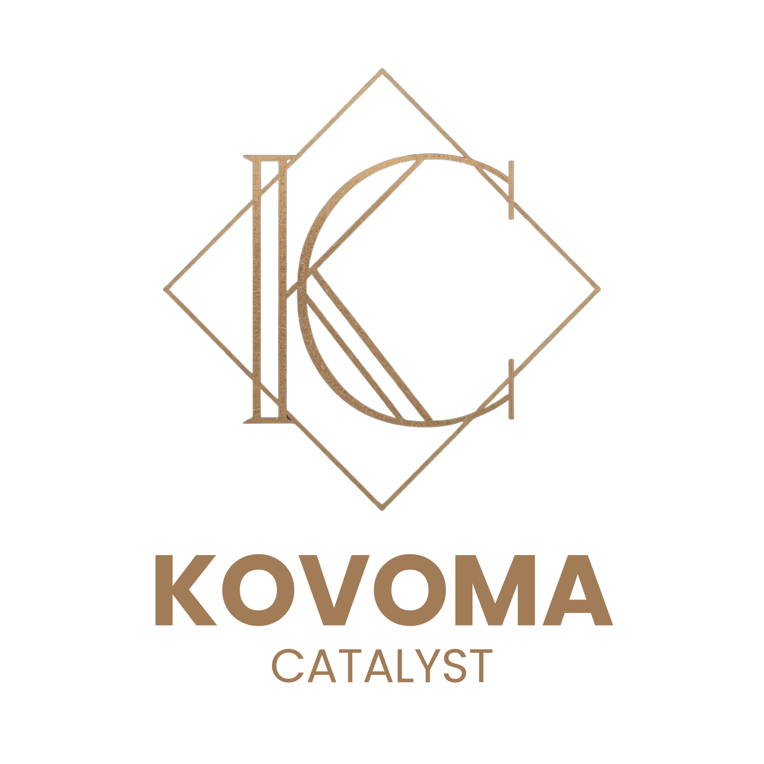 A logo for Kovoma Catalyst featuring a stylized bird head with a tail, with the brand name 'Kovoma Catalyst' written below in bold, beige letters.