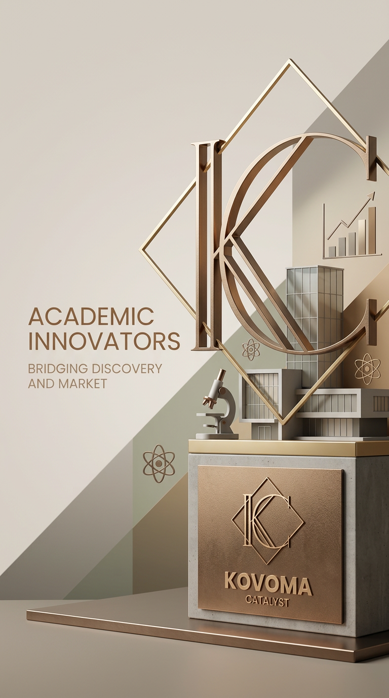 A promotional display featuring the KOVOMA brand, emphasizing academic innovation with a large metallic logo and models of a microscope, buildings, and scientific icons, accompanied by the text "Academic Innovators, Bridging Discovery and Market."