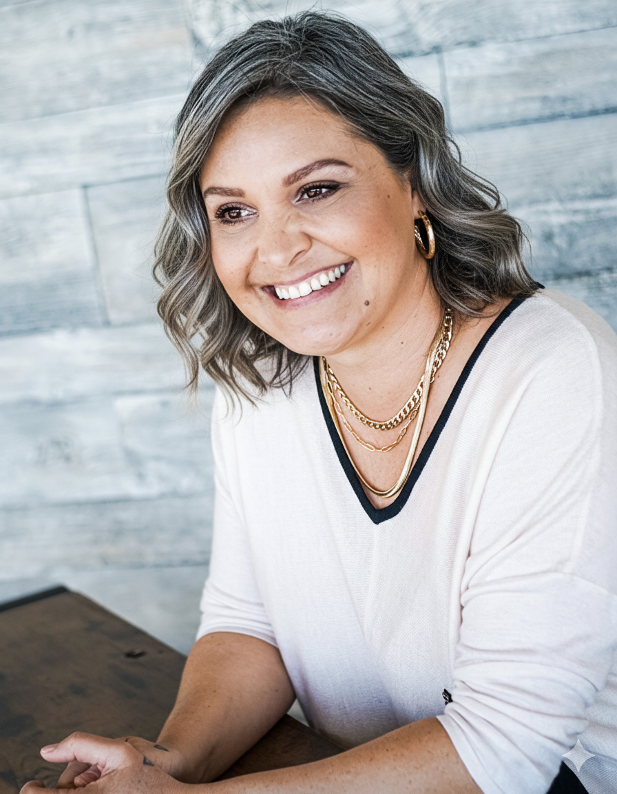 Smiling woman with shoulder-length wavy gray hair, wearing gold jewelry, sitting at a wooden table against a gray wooden wall background.