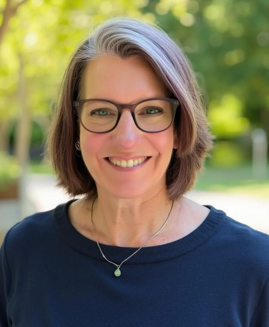 A smiling woman with shoulder-length brown hair, glasses, and wearing a navy blue shirt and a silver necklace with a green pendant, outdoors with a blurred green background.