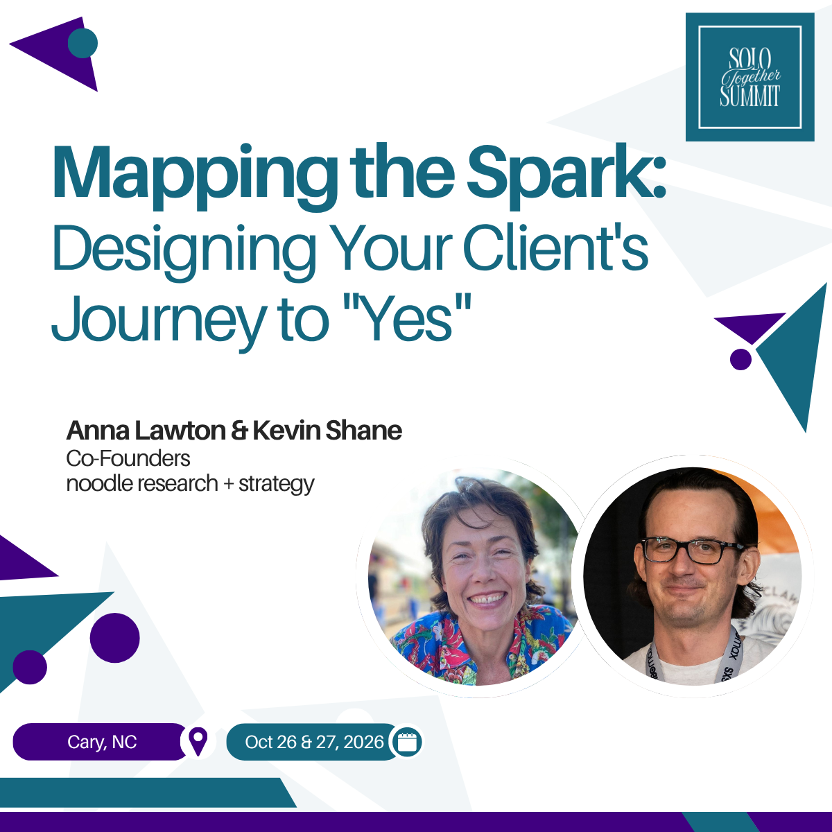 Event promotional flyer for the Solo Together Summit featuring a session titled 'Mapping the Spark: Designing Your Client's Journey to Yes' by Anna Lawton and Kevin Shane, co-founders of Noodle Research + Strategy, scheduled for October 26-27, 2026, 