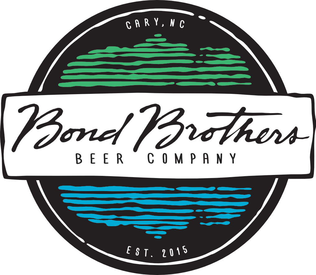 Logo for Bond Brothers Beer Company in Cary, North Carolina, with stylized green and blue waves and the establishment year 2015.