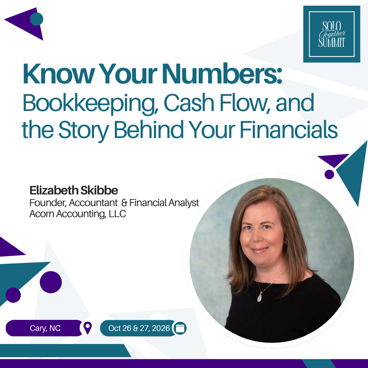 Event flyer for Solo Together Summit featuring Elizabeth Skibbe, a founder and financial analyst, with event details including location Cary, NC, and dates October 26 and 27, 2026.