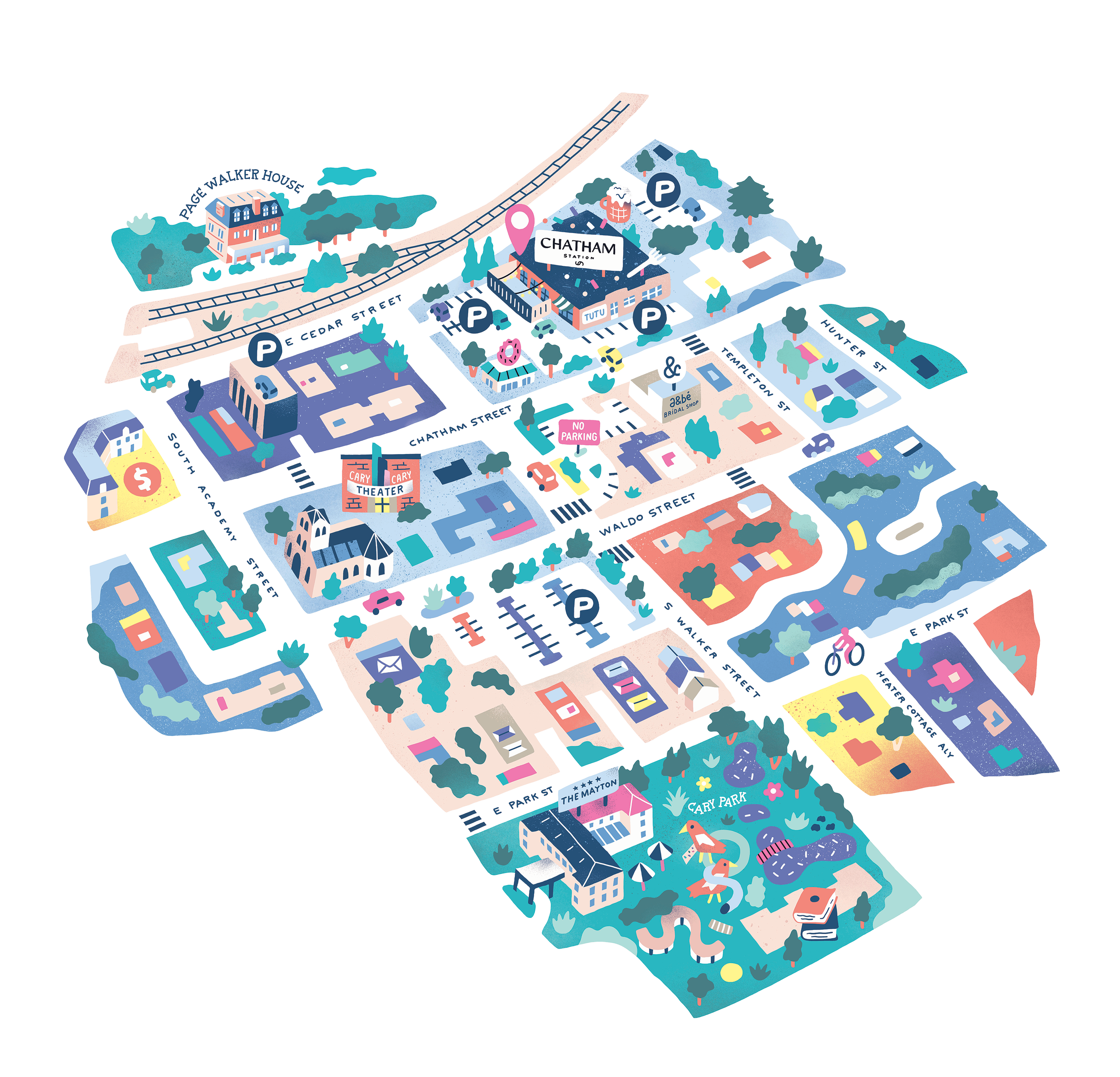 An illustrated map showing parking options near a venue labeled "Chatham Station,"