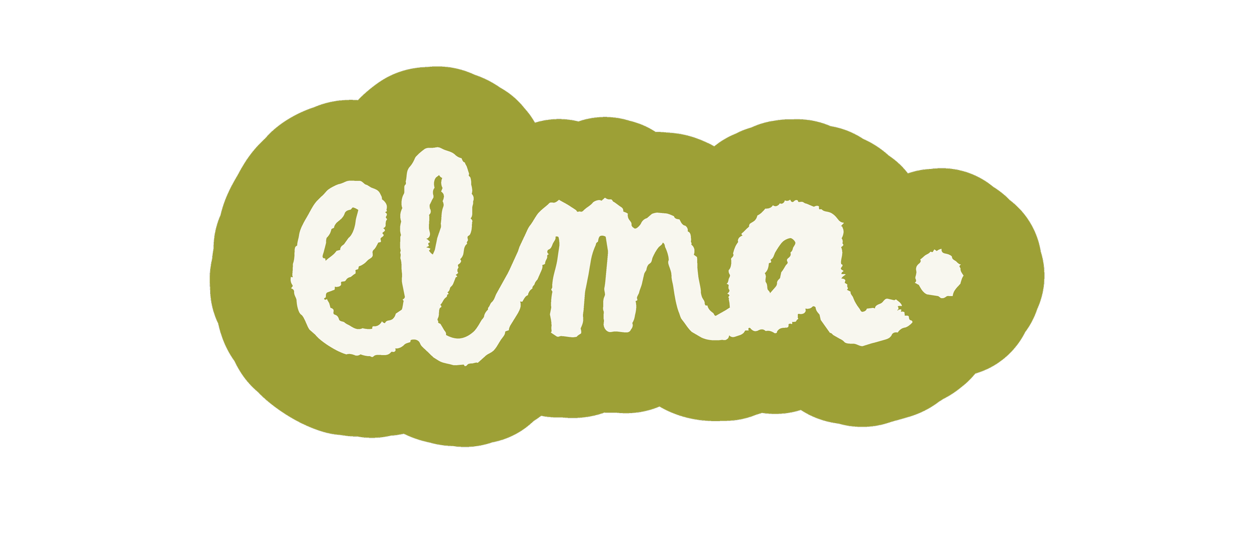 Textuelle représentation du mot 'ELMA' écrit en blanc sur un fond vert olive, avec un style de police décontracté et artistique.