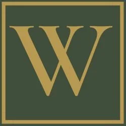 A dark green square background with a gold letter W in the center.