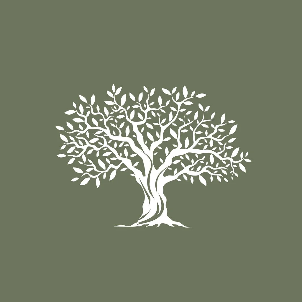 White silhouette of a tree with multiple branches and leaves on a muted green background.