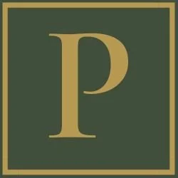 A dark green square background with a gold border and a large gold letter 'P' in the center.