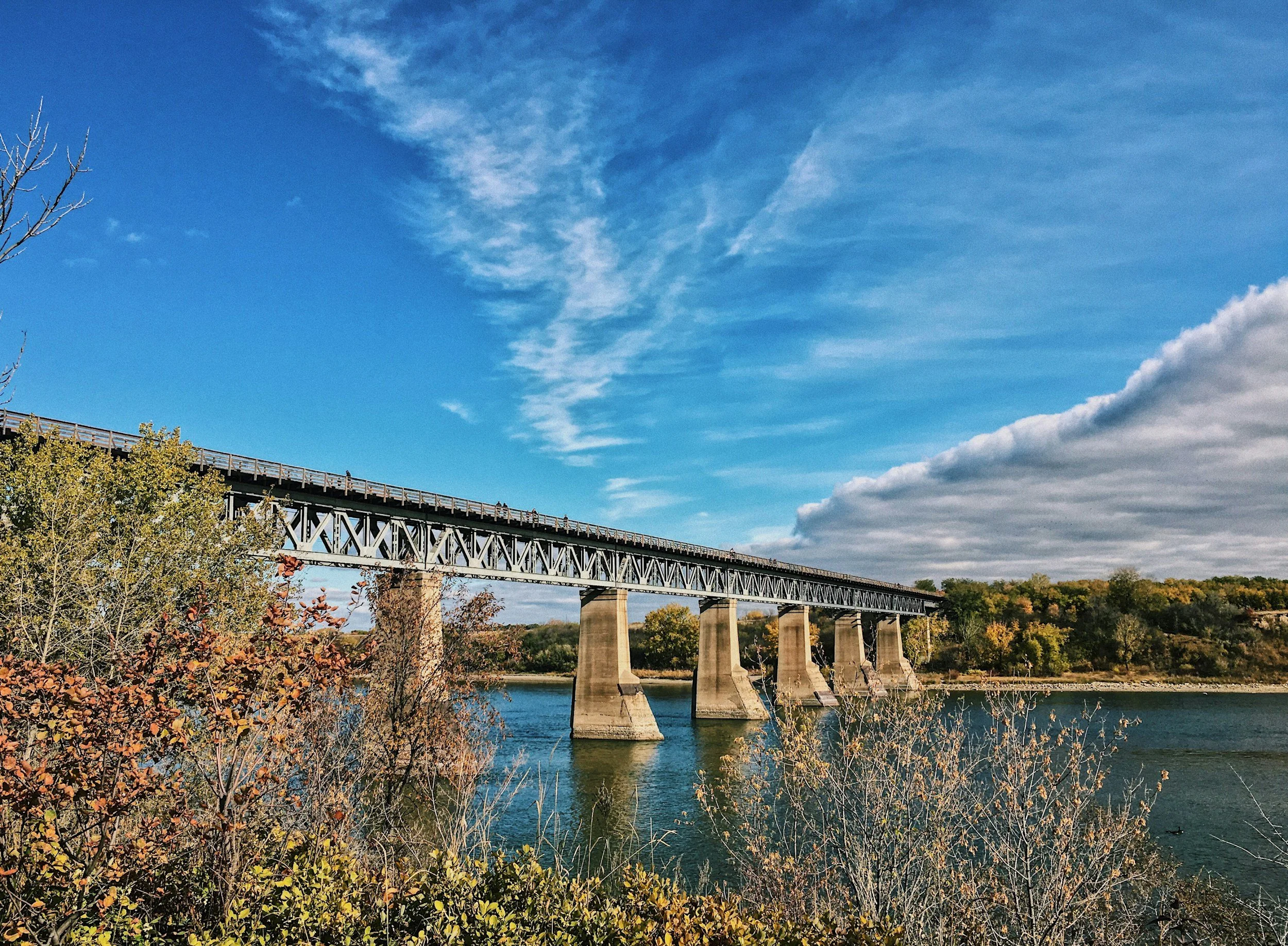 A bridge over a river with trees and lush foliage in the foreground, under a partly cloudy blue sky.
