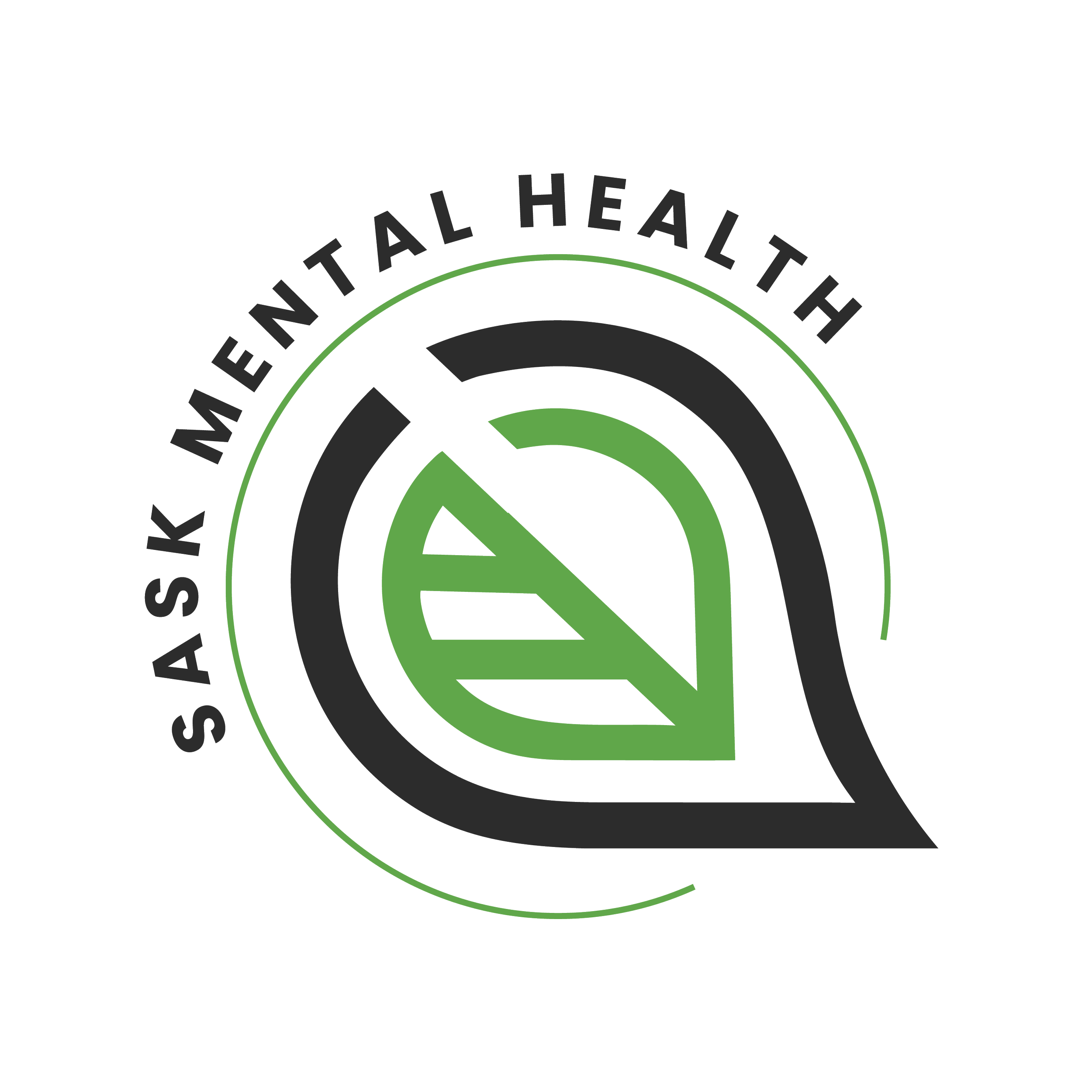 Sask Mental Health - A digital badge with the text 'SUSTAINABLE' and 'INTERNATIONAL HEALTH' arranged in a circular pattern around a stylized logo in green, black, and gray colors.