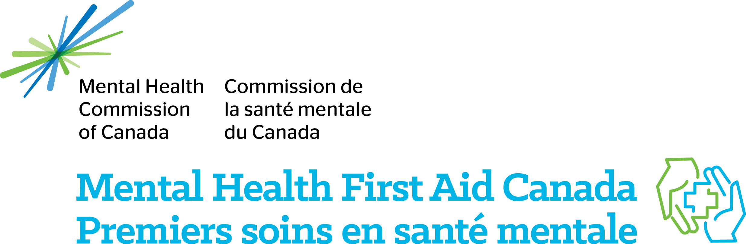 Logo for Mental Health First Aid Canada with text in English and French and stylized hands holding a house with a medical cross