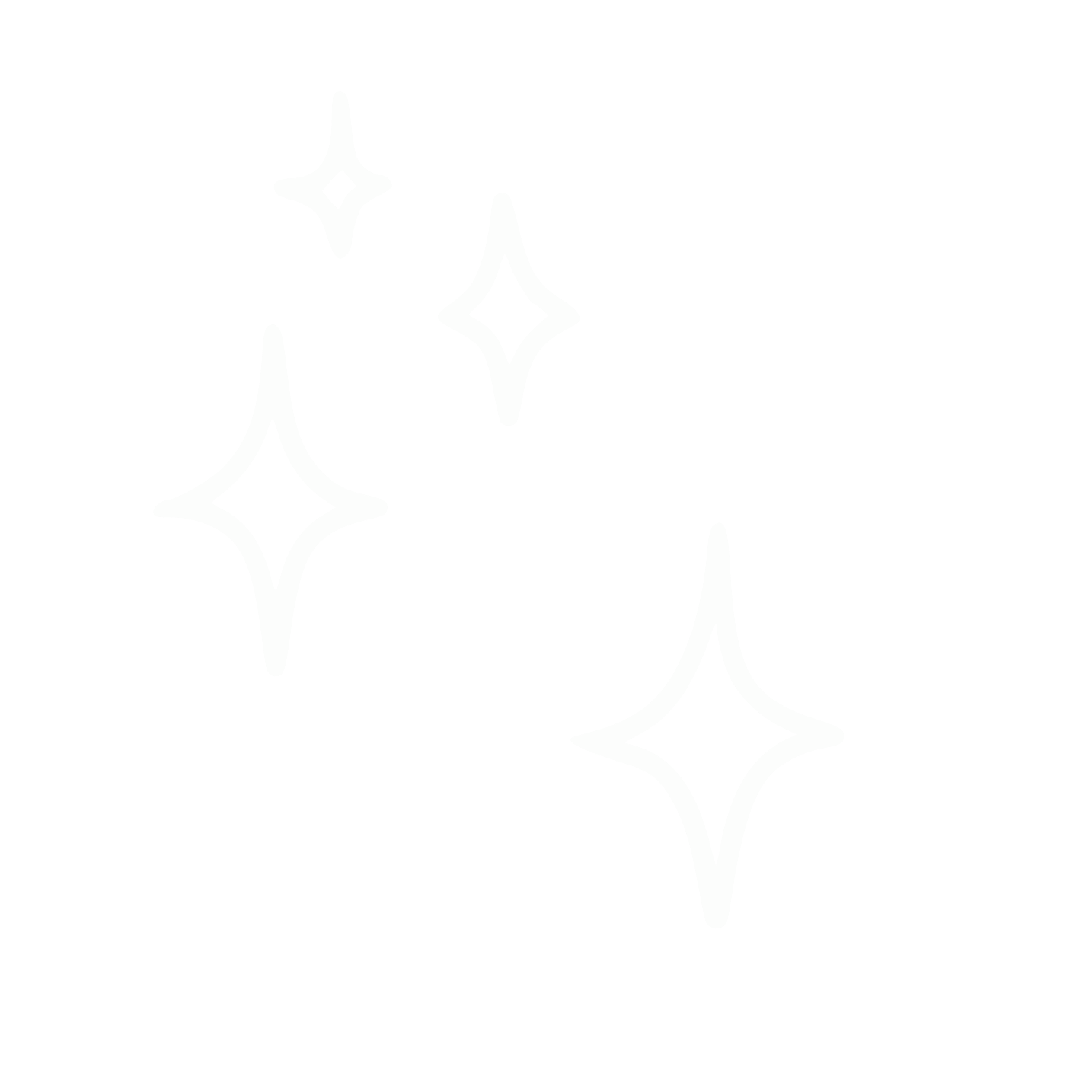 White outlined sparkling star icons on a black background.