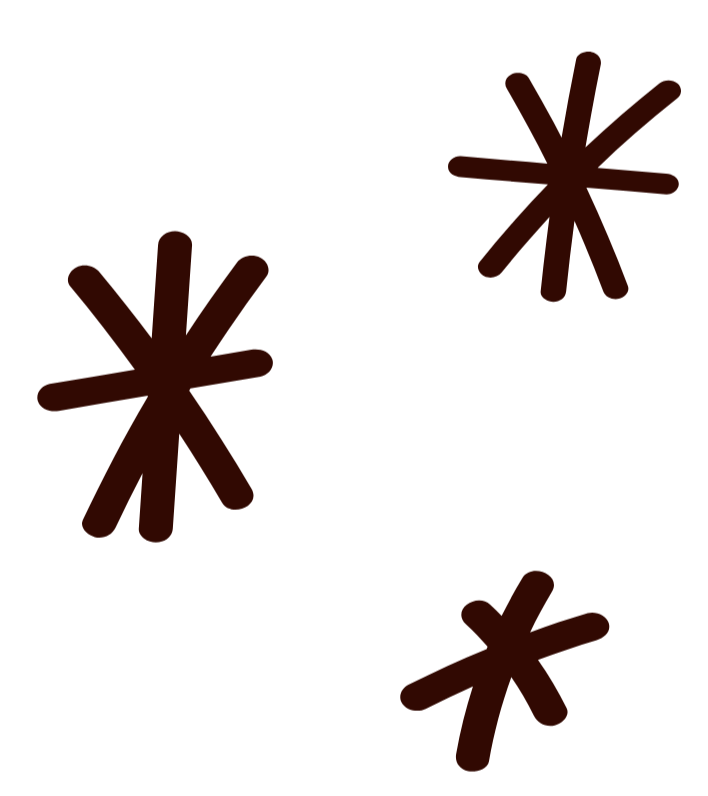 Black background with three red asterisk symbols scattered.