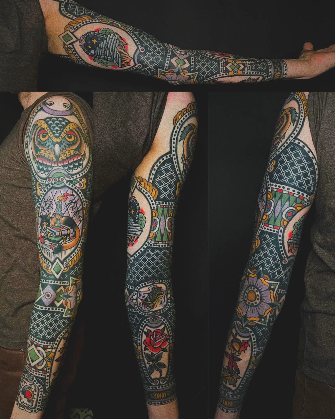 framed American Traditional arm sleeve tattoo-color-fall-autumnal themed-witchy-owl-portal-rose